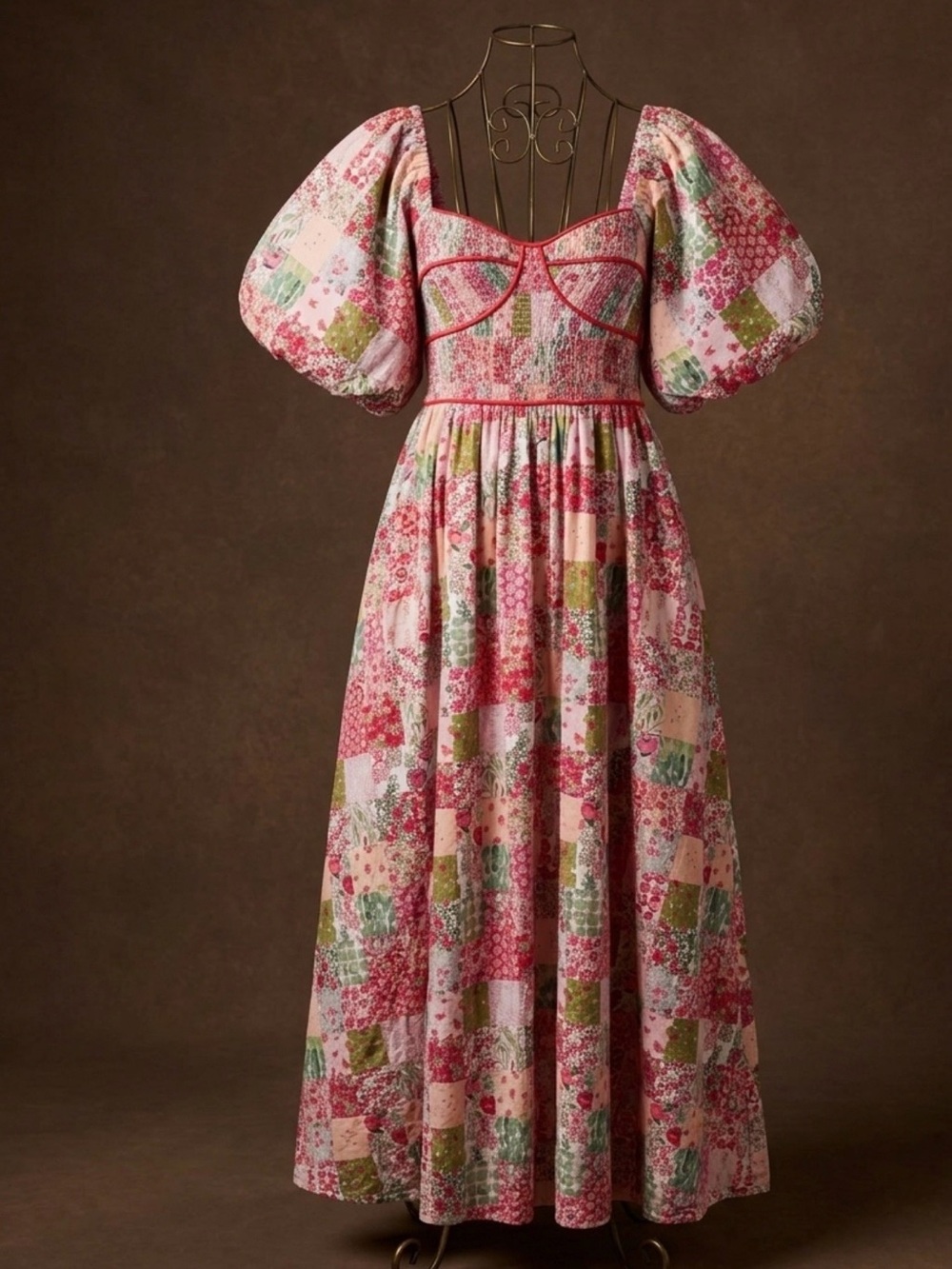Puff-Sleeve Patchwork Maxi Dress in Pink